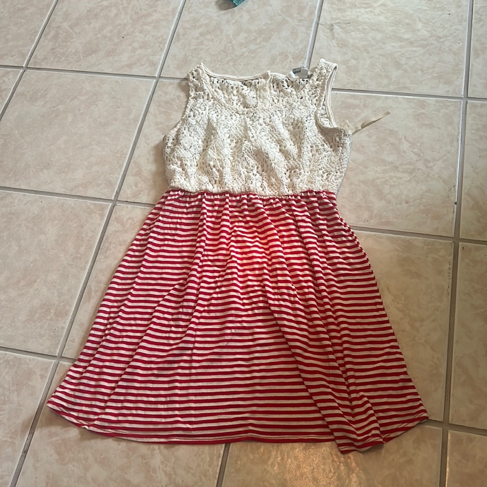 Speechless Juniors Striped and Lace Red Sundress with Keyhole Back - Medium